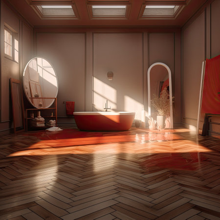 a bathroom with wood flooring and an orange bathtub in the room is surrounded by a round mirror on the wallの素材