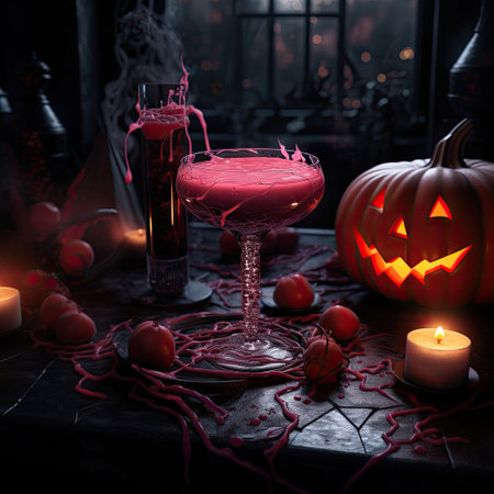 halloween cocktails with candles and pumpkins on the table in front of a dark room filled with spookの素材