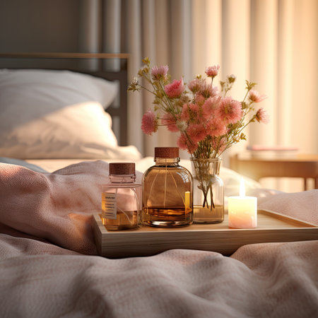 flowers in a glass vase on a tray next to a bottle of perfumes and a bed with white sheetsの素材