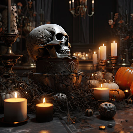 a halloween table with candles, skulls and pumpkins on the table are all lit up by candlelightesの素材