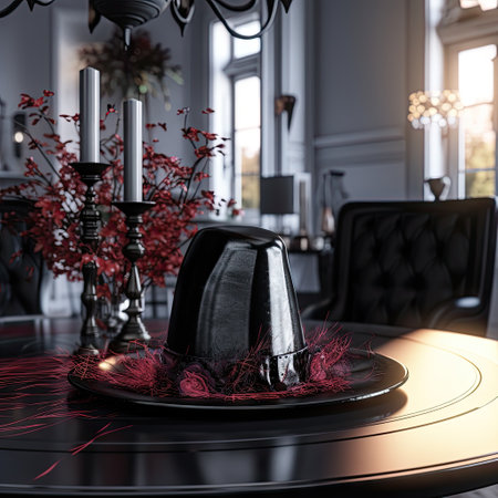 a table setting with a black hat on it and red flowers in the center of the plate is surrounded by candlesの素材
