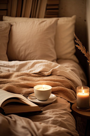 a bed with a book, candle and teacup on the table next to it is an open book that has been read by personの素材
