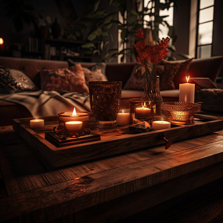 candles and flowers on a table in a living room with a large window to the right, there is a wooden tray that holdsの素材