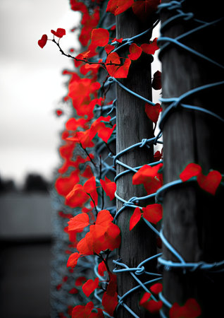 some red flowers growing on a wooden pole in front of a black and white background with the sky behind itの素材