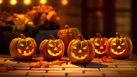 halloween pumpkins on a table with candles in the background and text that says, `happy halloweenの素材