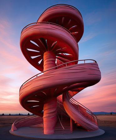 a red spiral shaped structure in the middle of an empty parking lot at sunset, with a pink sky behind itの素材