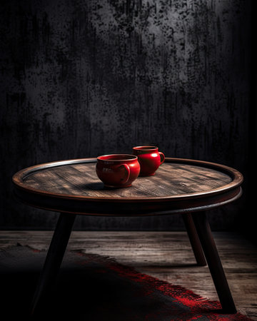 two red cups on a round wooden table in front of a dark gre wall with an area for textの素材