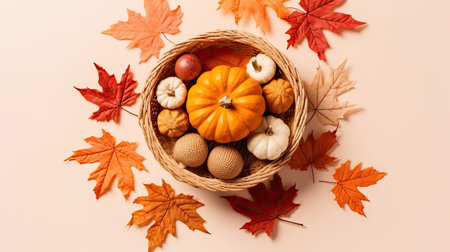pumpkins in a basket surrounded by autumn leaves on a pink background with copy - space to add your own textの素材