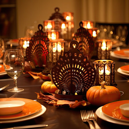 a table setting with candles, pumpkins and place settings for thanksgiving dinner party or special event in the backgroundの素材