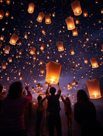 people releasing paper lanterns into the sky at nightの素材