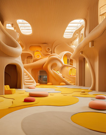 the interior of a building with yellow and pink shapes on the floor, as seen in this photo taken from aboveの素材