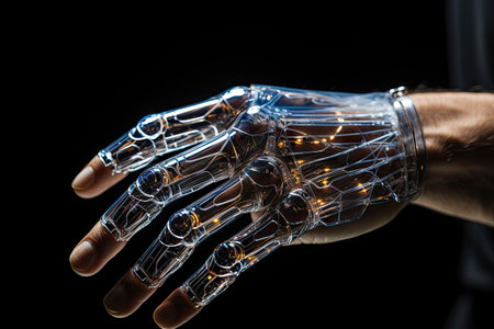 an artificial hand with glowing lights in the palm, on a black backgroundの素材