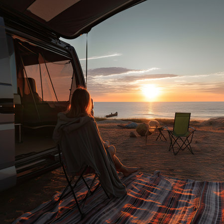 a person sitting in a camper van on the beach watching the sun set up over the ocean at sunsetの素材