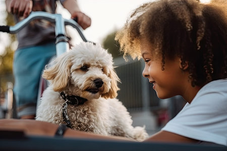 a little girl and her dog in the back seat of a car while they are looking at each other dogsの素材