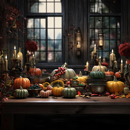 a table with pumpkins, candles and other autumn decorations on it in front of a large window that looks out to the outsideの素材