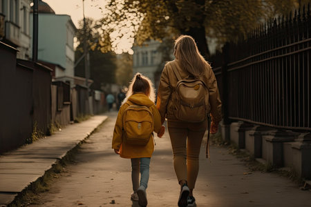 a mother and her daughter walking down the street holding hands, both carrying their childs school backpacksの素材