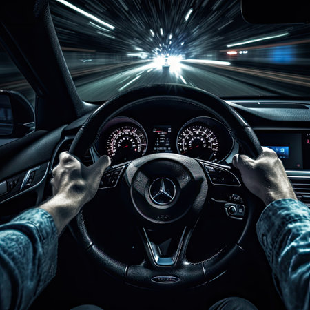 the drivers hands on the steering wheel while driving through a tunnel at night, with light trails in the backgroundの素材