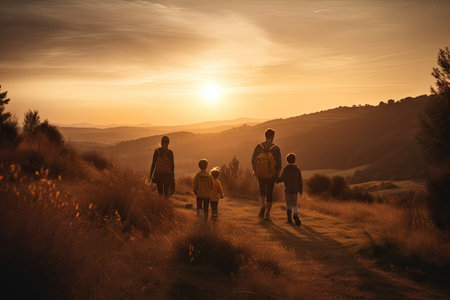 three people walking down a path in the mountains at sunset, while the sun is setting on the horizon behind themの素材