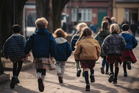 children running down the street in their school uniforms, with text overlay that reads how to help your childs physical needsの素材
