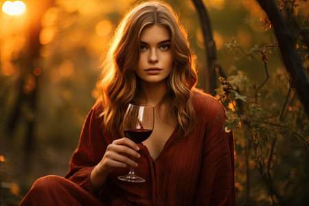a young woman holding a glass of red wine in her hand, with the sun shining through the trees behindの素材