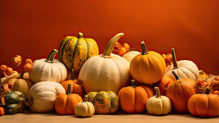 pumpkins and gourds on a table with an orange wall in the background photo is taken from aboveの素材