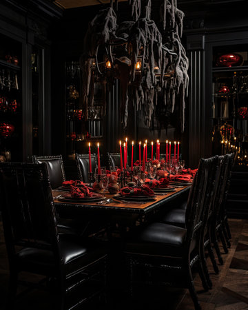 a dining room decorated for halloween with candles and skulls hanging from the ceiling to the table is surrounded by black chairsの素材