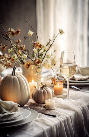 a table setting with candles, pumpkins and flowers in vases on the dining table for thanksgiving dinner partyの素材