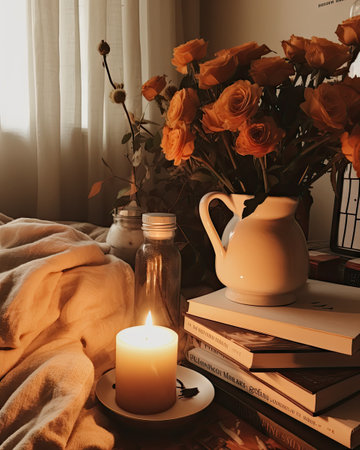 flowers in a vase on a table next to books and a tea pot with a candle lit by the sunの素材