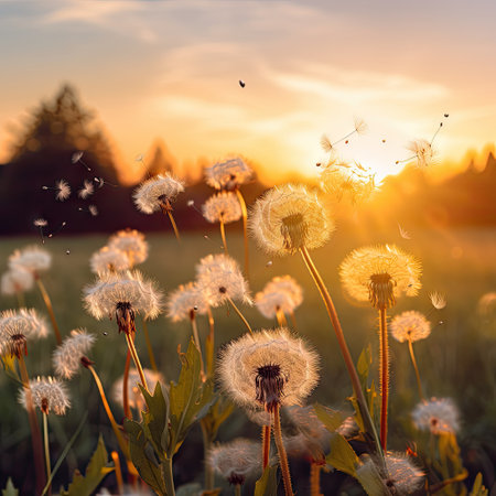 some white flowers with the sun setting in the background, and a field of dandels on the other sideの素材