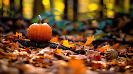 a pumpkin sitting on the ground with autumn leaves surrounding its orange and yellow colors are visible in the backgroundの素材
