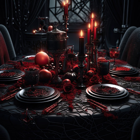 a table set with red and black christmas decorations, candles, plates and glasses on the table is surrounded by spider websの素材