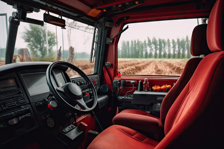 the inside of a truck with red leather seats and dashboards, looking out from the drivers seatの素材