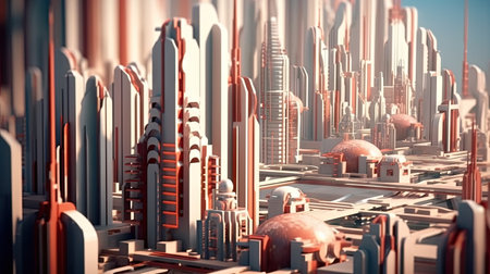 a futuristic city with skyscrapers and other buildings in the foregrounded area, 3d illustration stock video footageの素材
