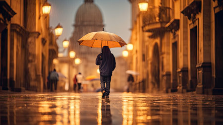 a man walking in the rain holding an umbrella and looking at the dome of st pauls cathedral, parisの素材