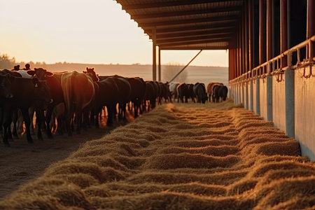 cows in a barn with the sun setting behind them and theyreting their heads to look at each other cowsの素材