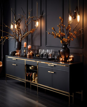 an elegant dining room with black walls, gold accents and dark wood flooring the table is surrounded by candlesの素材