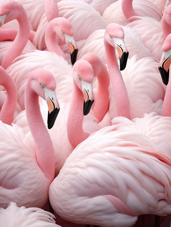 many pink flamingos standing in a large group with their heads facing each other ones head towards the cameraの素材