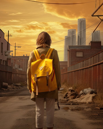 a person walking down a street with a yellow backpack on their back as the sun is setting in the backgroundの素材