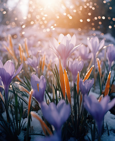 some purple crocus flowers with the sun shining through them in the background is snow and bright blue skyの素材
