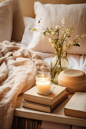 some books and a candle on a table with flowers in a glass jar next to it is a white blanketの素材