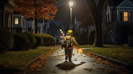 a little boy walking down the street at night with a pumpkin in his hand he is wearing a yellow safety helmetの素材