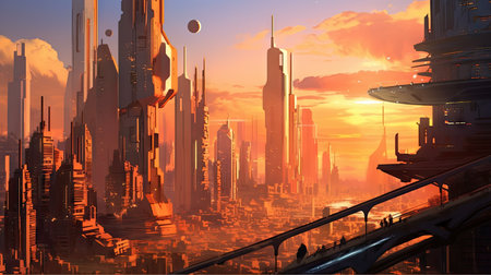 a futuristic city with lots of tall buildings and skyscrapers in the foregred area, at sunset timeの素材