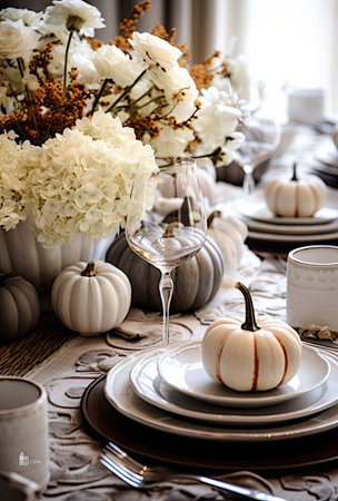 a table set for thanksgiving dinner with white pumpkins and flowers in the centerpiece on the plate is silverwareの素材