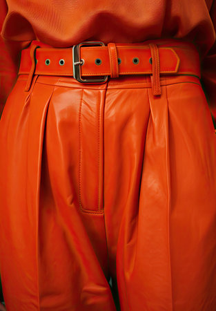 a woman wearing orange leather pants and an orange top with a black belt around her waist she is looking at the cameraの素材