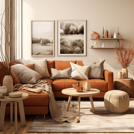 a living room with an orange couch, coffee table and two framed pictures on the wall above it in neutral tonesの素材