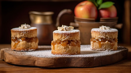 apple turnovers on a wooden cutting board with powdered sugar and fresh apples in the background is a teapotの素材