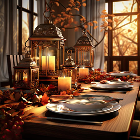 a table set for thanksgiving dinner with candles, plates and napkins on the table in front of an open windowの素材