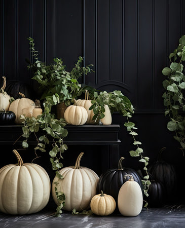 white and black pumpkins with green leaves on the top, sitting on a shelf in front of a black wallの素材
