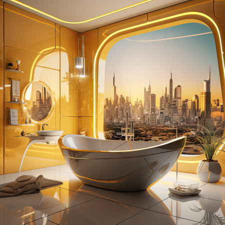 a modern bathroom with city skylines in the background 3d wallpaper mural decal sticker for living roomの素材