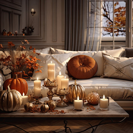 a living room decorated for fall with candles, pumpkins and gourts on the coffee table in frontの素材